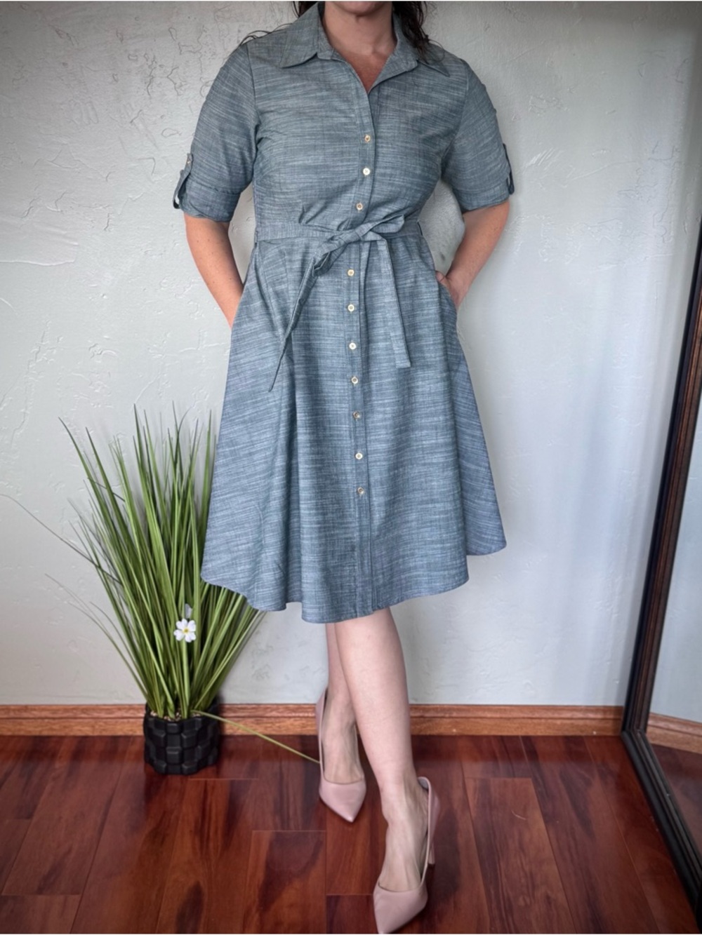 Sharagano Dusty Blue Tie-Waist Button Front Midi Shirt Dress with Pockets - Picture 2 of 8